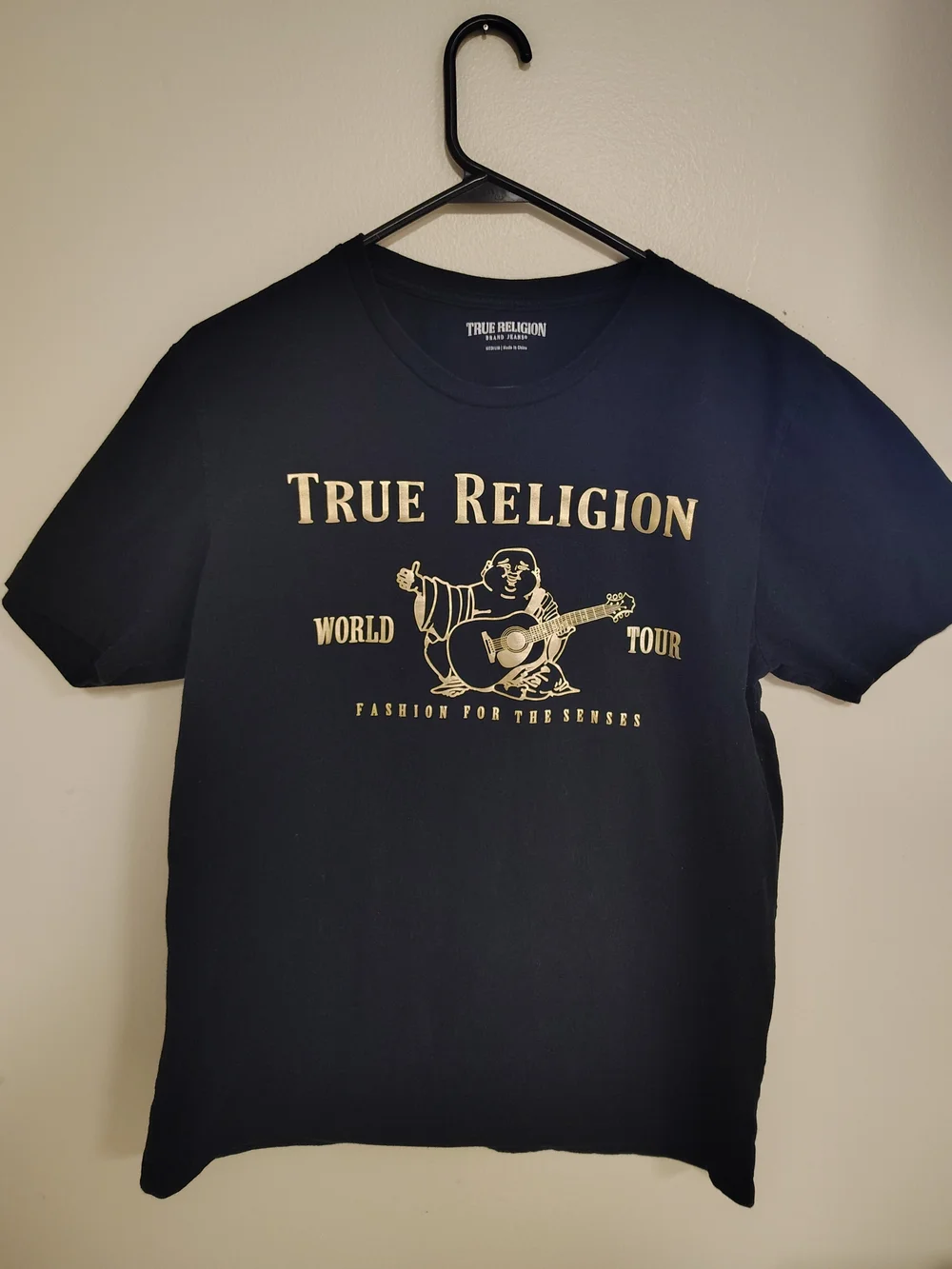 True Religion Black Tee with Gold Graphic Logo and Guitar Buddha